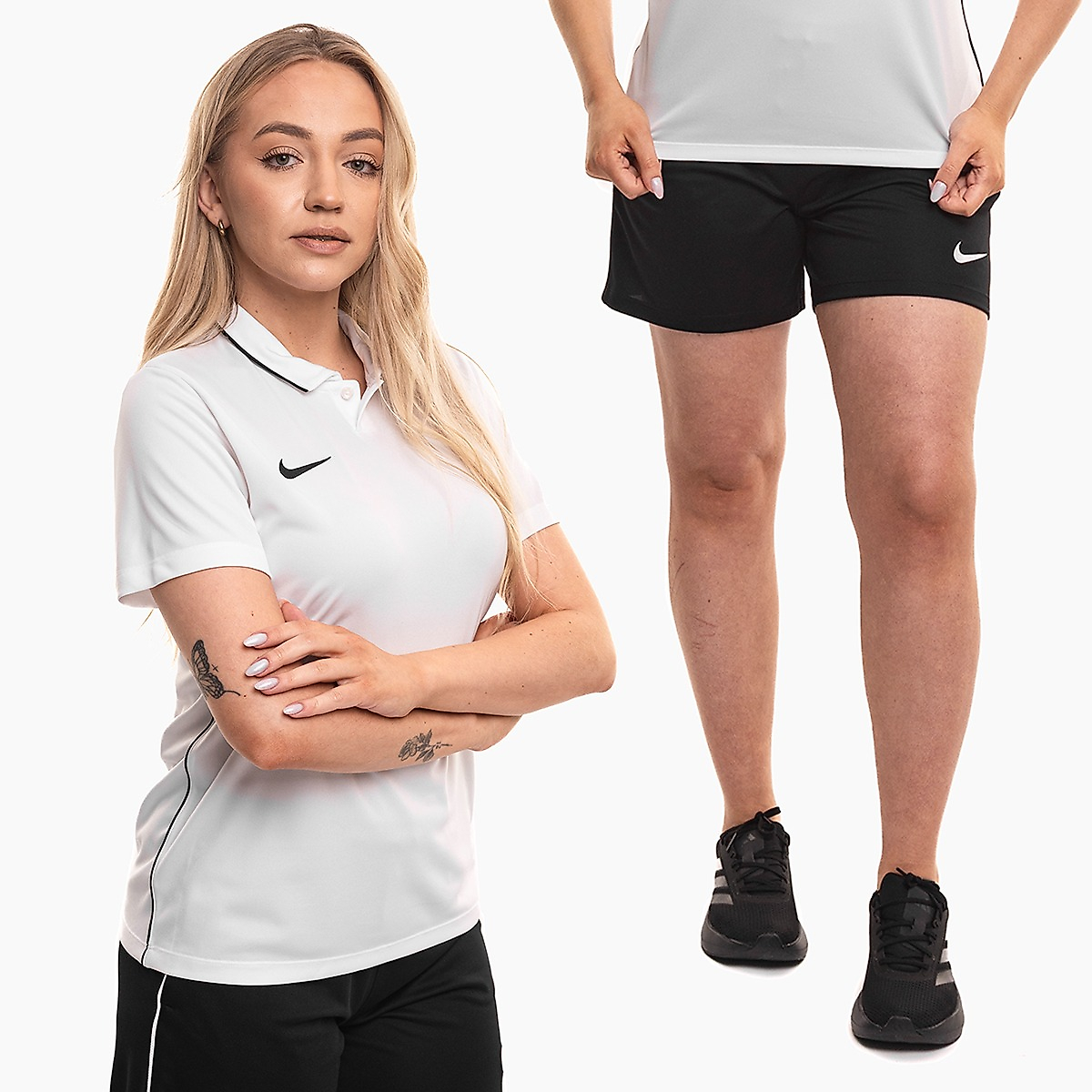 Nike moterų sportinis komplektas marškinėliai šortai Dri Fit Park 26 Polo HM7150 100/HM7162 010