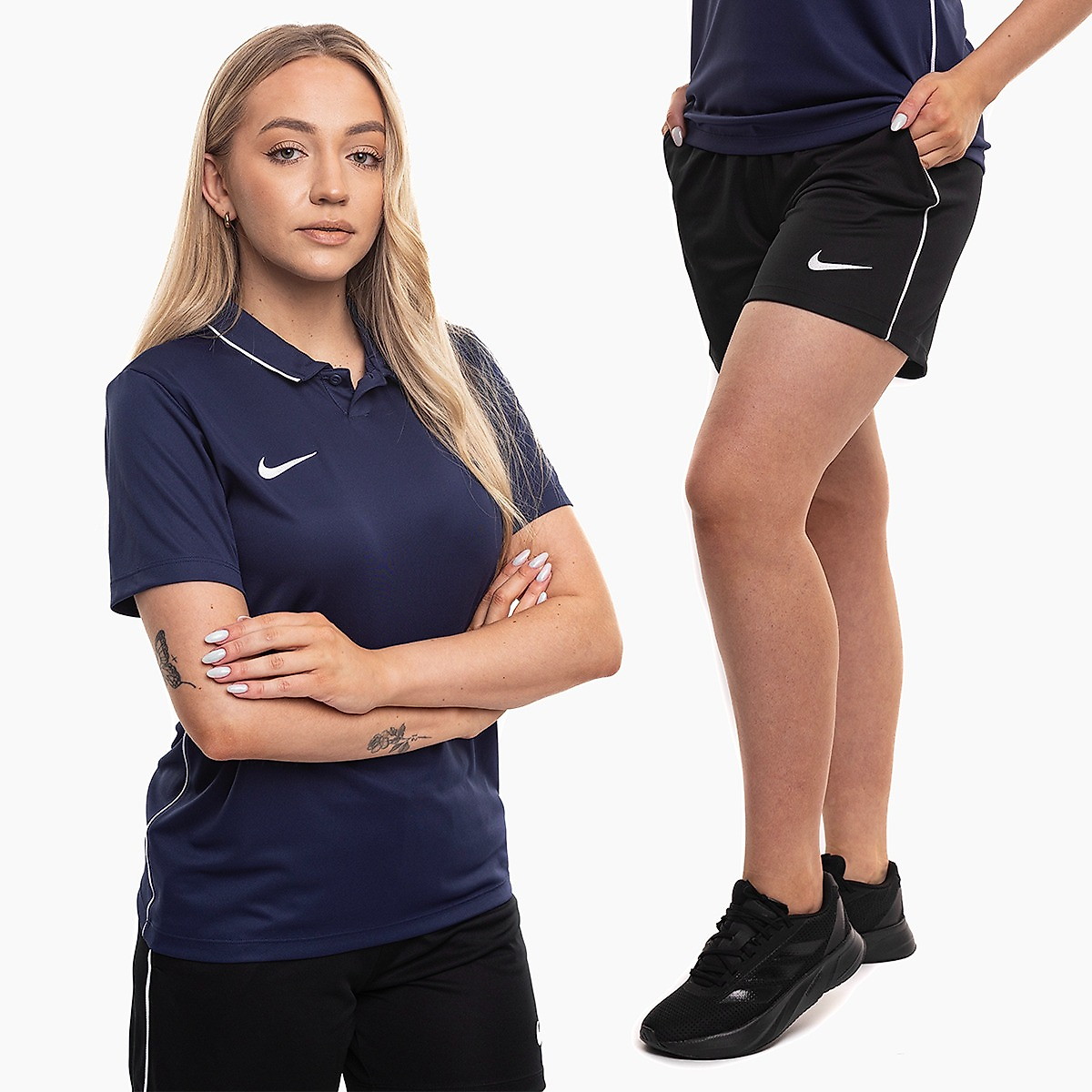 Nike moterų sportinis komplektas marškinėliai šortai Dri Fit Park 26 Polo HM7150 410/HM7162 010