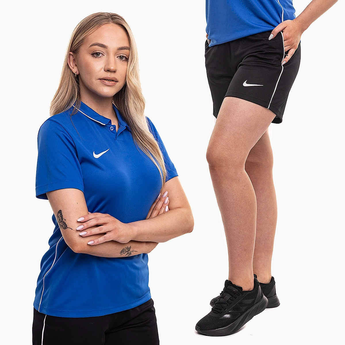 Nike moterų sportinis komplektas marškinėliai šortai Dri Fit Park 26 Polo HM7150 463/HM7162 010