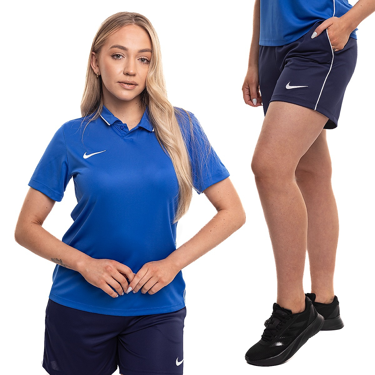 Nike moterų sportinis komplektas marškinėliai šortai Dri Fit Park 26 Polo HM7150 463/HM7162 410